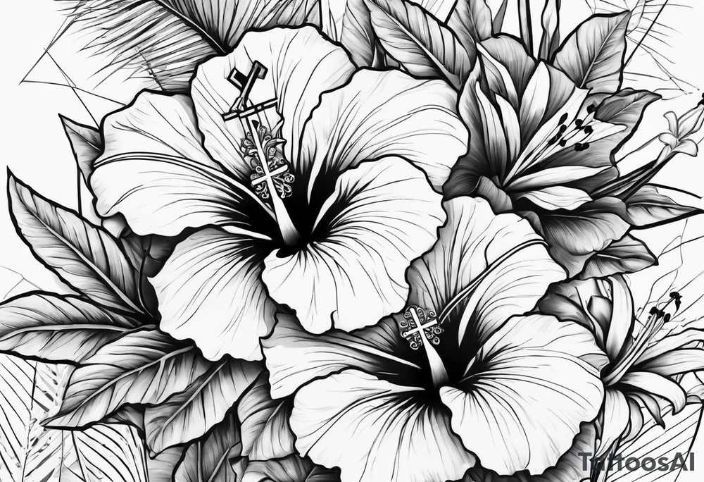 hibiscus and lily flowers in the background with an absent cross overlapping it tattoo idea