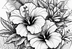 hibiscus and lily flowers in the background with an absent cross overlapping it tattoo idea