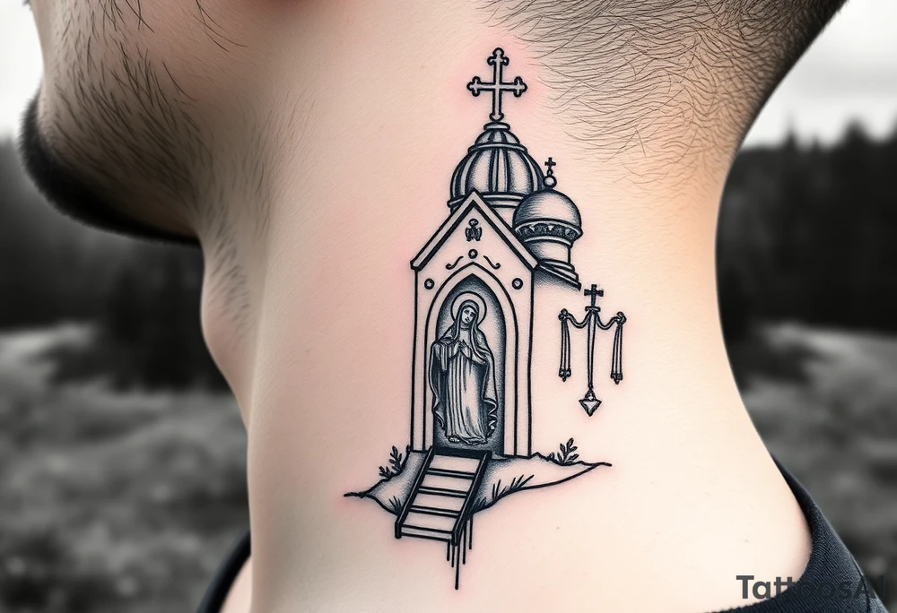 russian design traditional christian orthodox cross with a virgin mary stood beside the entrance of a russian orthodox dome church on the side of the neck in a wilderness setting with the design spread out the side of the neck tattoo idea