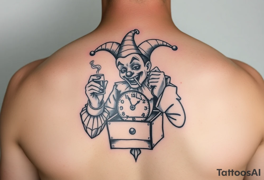 Jack in the box
Box as a clock
Spring as in smoke
Jester clown smoking on one hand drinking on the other tattoo idea