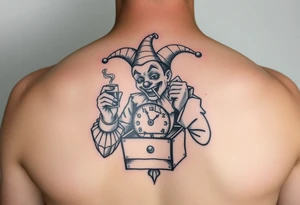 Jack in the box
Box as a clock
Spring as in smoke
Jester clown smoking on one hand drinking on the other tattoo idea