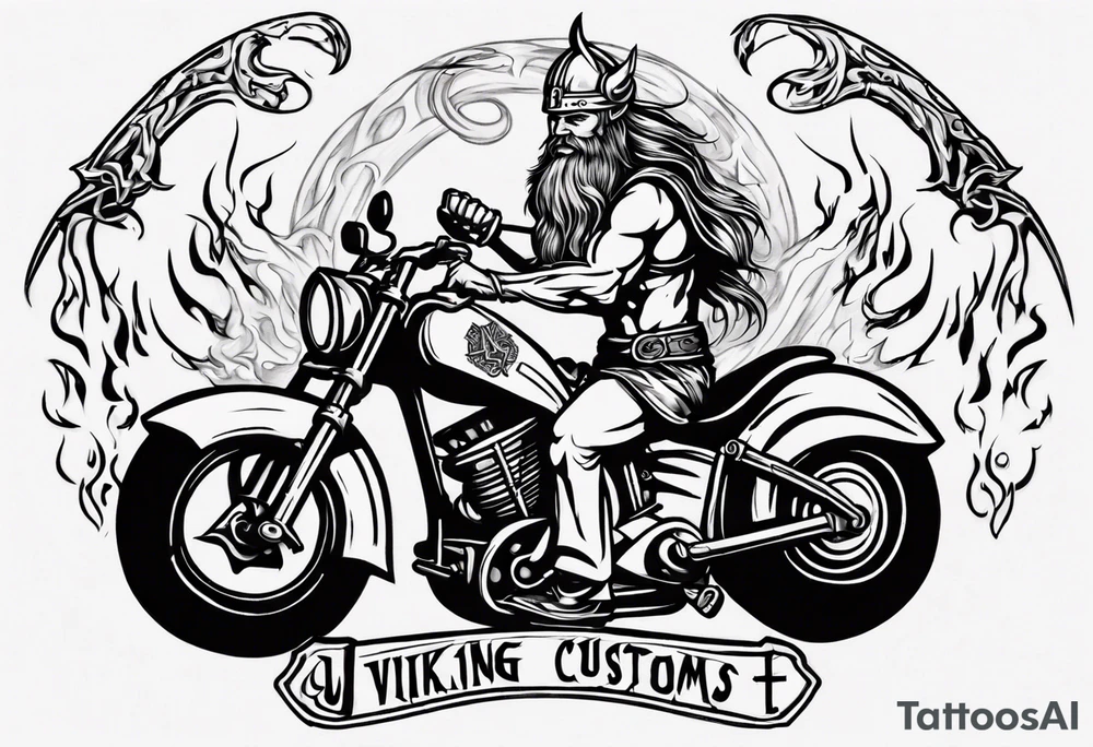 I want a detailed tattoo of a viking and a girl working on a motorcycle surrounded by flames with the company name “Viking Customs” incorporated in the design tattoo idea
