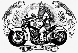 I want a detailed tattoo of a viking and a girl working on a motorcycle surrounded by flames with the company name “Viking Customs” incorporated in the design tattoo idea