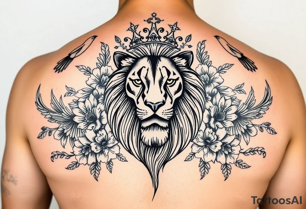 powerful majestic lion with a crown, surrounded by floral ornaments and birds tattoo idea