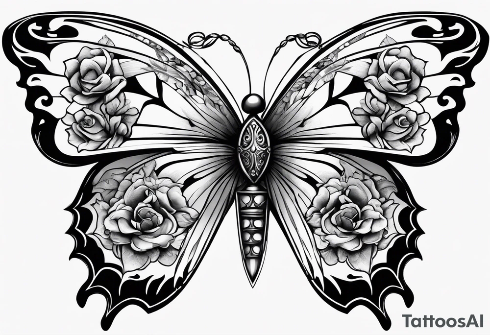 Butterfly with sword in the middle tattoo idea Butterfly with sword in the middle tattoo idea