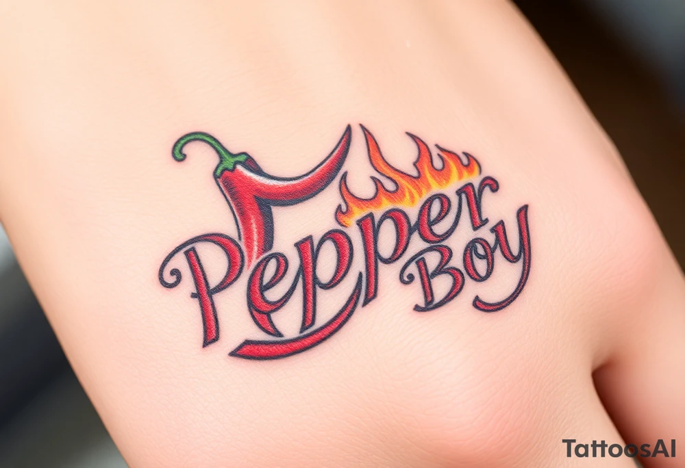 Chili pepper and fire lettering says Pepper Boy tattoo idea
