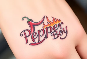 Chili pepper and fire lettering says Pepper Boy tattoo idea