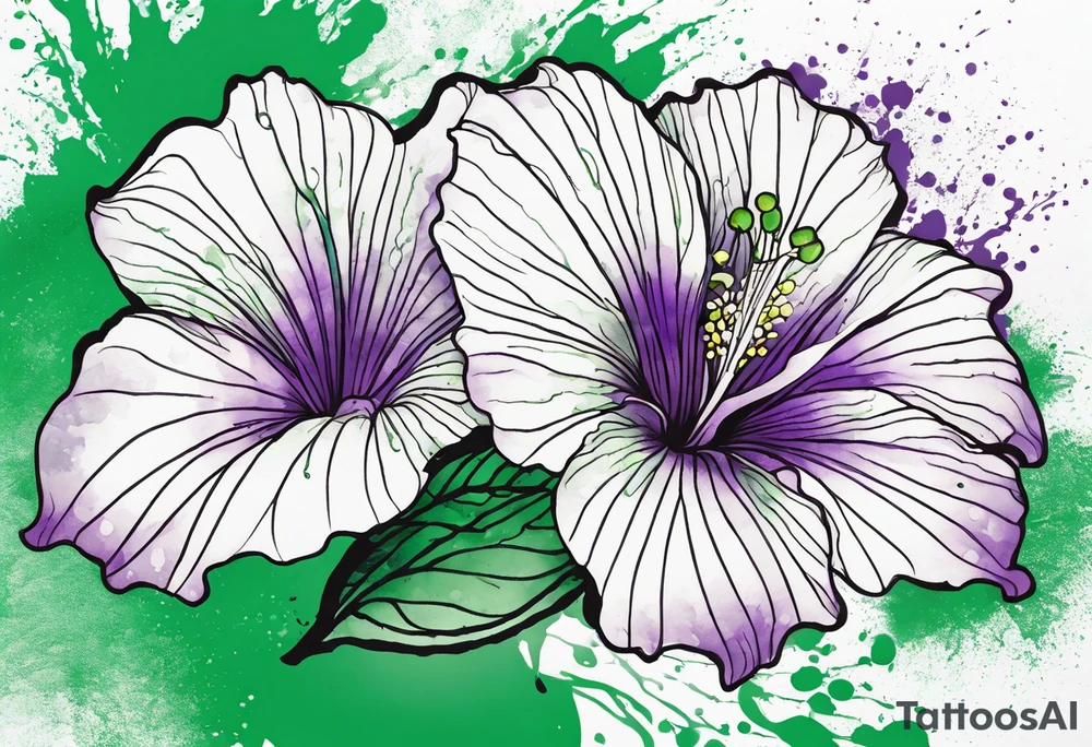 An outline of a green rio dipladenia flower and a green and purple watercolor splash in the background tattoo idea