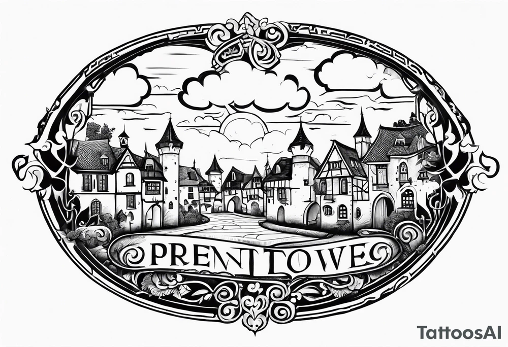 medieval town houses open gate towers garden circle vignette surrounded by clouds tattoo idea