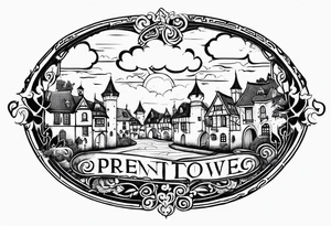 medieval town houses open gate towers garden circle vignette surrounded by clouds tattoo idea