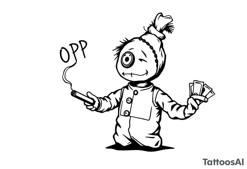 Stitched up rag doll with a button as one eye and some thread as the other. Holding some money in one hand and a cigar in the other hand. Smoke pouring off the cigar with the cloud of smoke above spelling out the word DOPE tattoo idea