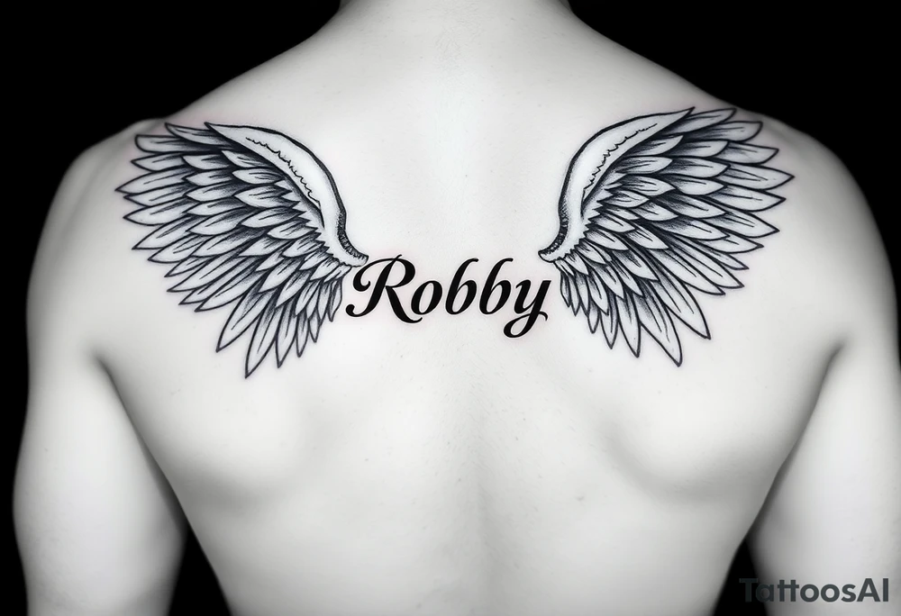 Angel wings on both shoulders and the name Robby in between them tattoo idea
