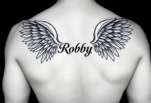 Angel wings on both shoulders and the name Robby in between them tattoo idea