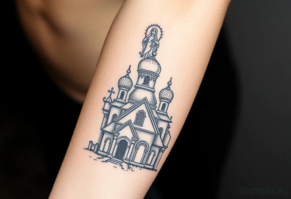 in a dorsal view a detailed orthodox church shrouded with a mist above and fading into a virgin mary overlooking above at the top tattoo idea