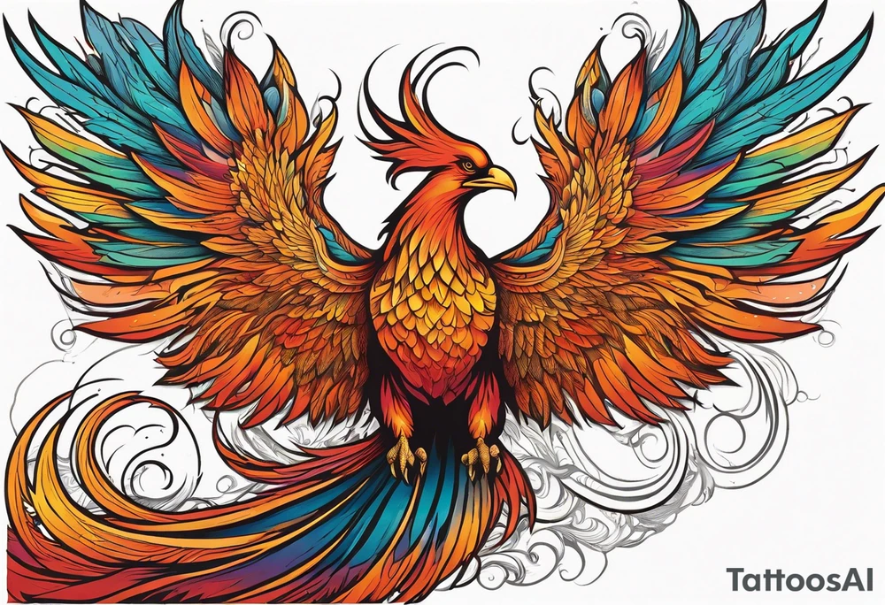 Tattoo: A powerful, majestic phoenix, depicted mid-flight or rising, with wings extended and feathers flowing. Deep shading and intricate details to bring out the texture and motion of the feathers. tattoo idea