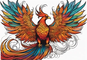 Tattoo: A powerful, majestic phoenix, depicted mid-flight or rising, with wings extended and feathers flowing. Deep shading and intricate details to bring out the texture and motion of the feathers. tattoo idea