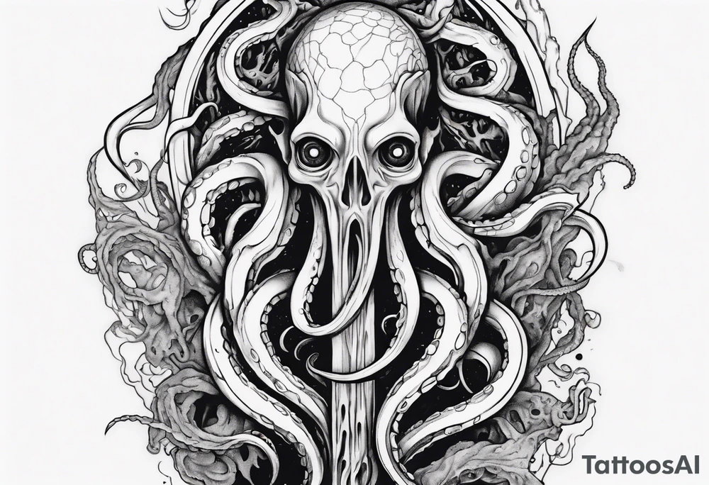 a tattoo on the theme of lovecraft, with tentacles that embrace the earth tattoo idea