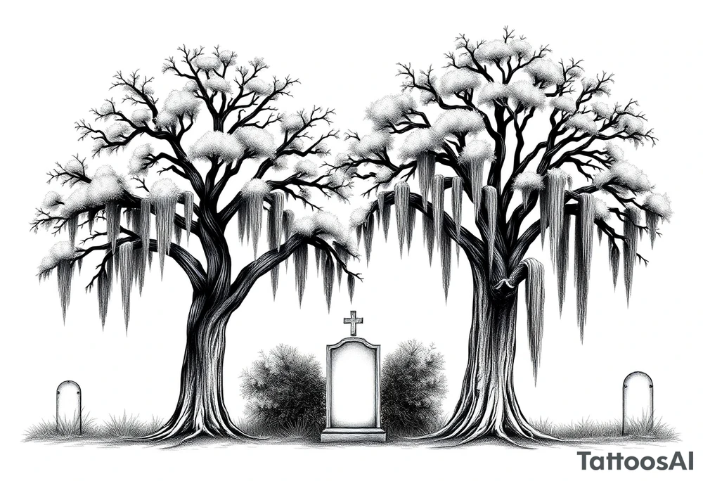 2 Oak trees with Spanish moss in a cemetery tattoo idea