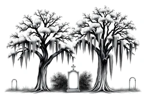 2 Oak trees with Spanish moss in a cemetery tattoo idea