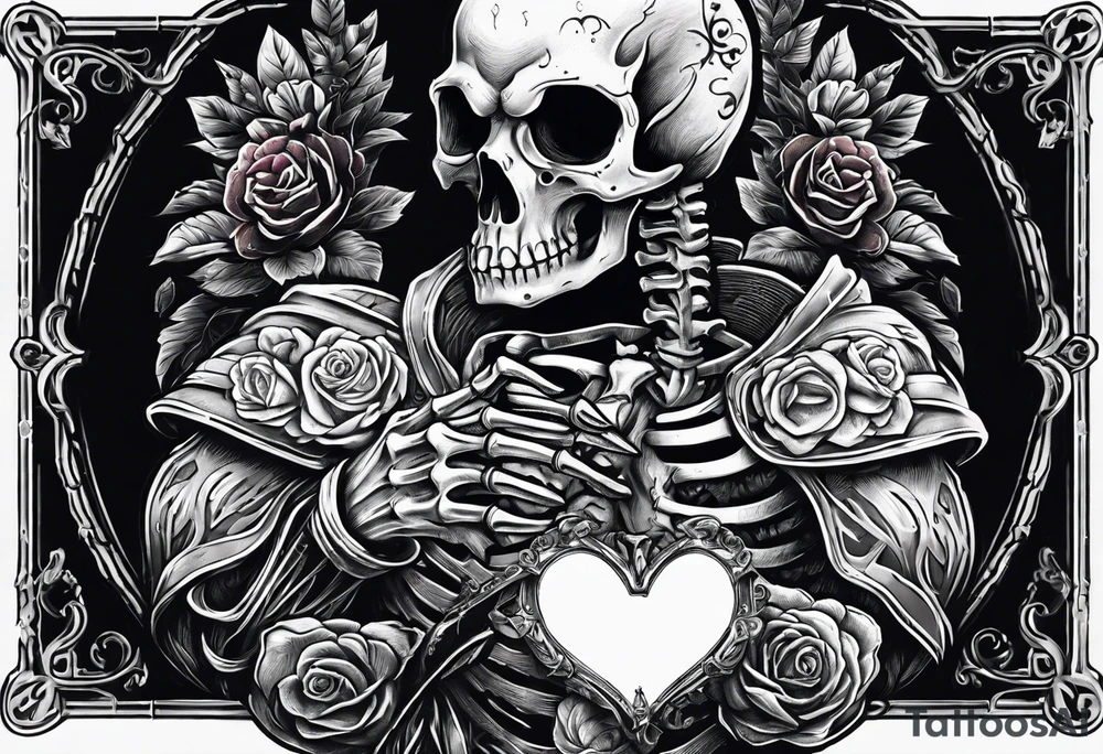 depressed skeleton holding his heart in his hand with a knife through the heart tattoo idea