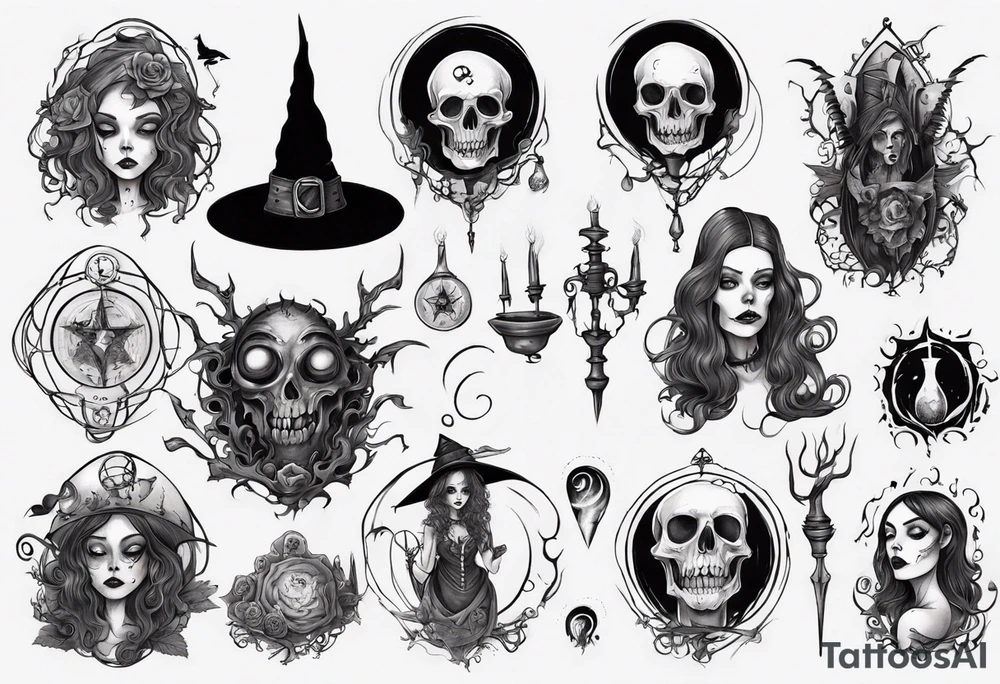 a Tim Burton-style witch necromancer tattoo idea