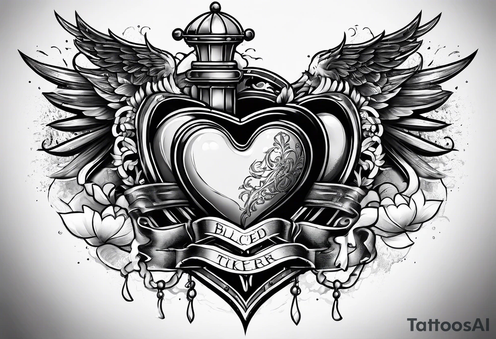 Heart pierced with daggers with a banner saying “blood is thicker than water “ tattoo idea