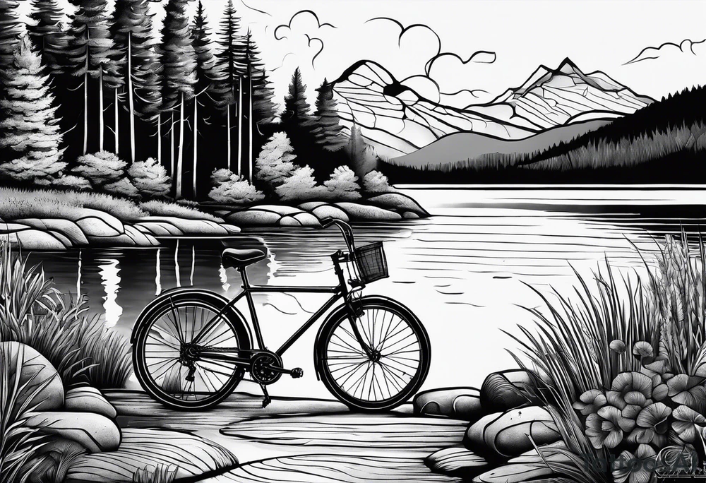 cycling against the backdrop of  a beautiful, serene lake tattoo idea