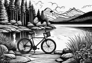 cycling against the backdrop of  a beautiful, serene lake tattoo idea