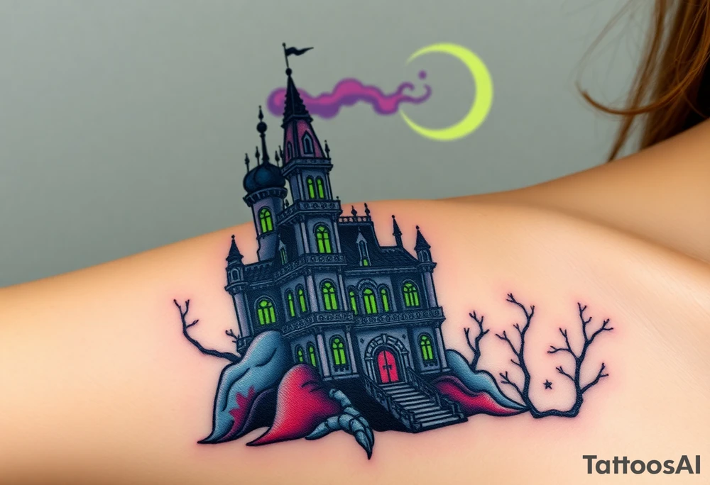 Tim Burton’s disney sleeping beauty’s haunted castle is abandoned and dripping with muted reds, dusty pinks, and eerie green glow.purple and cyan smokey clouds swirl in the crescent moonlit sky thats sprinkled with stars tattoo idea tattoo idea