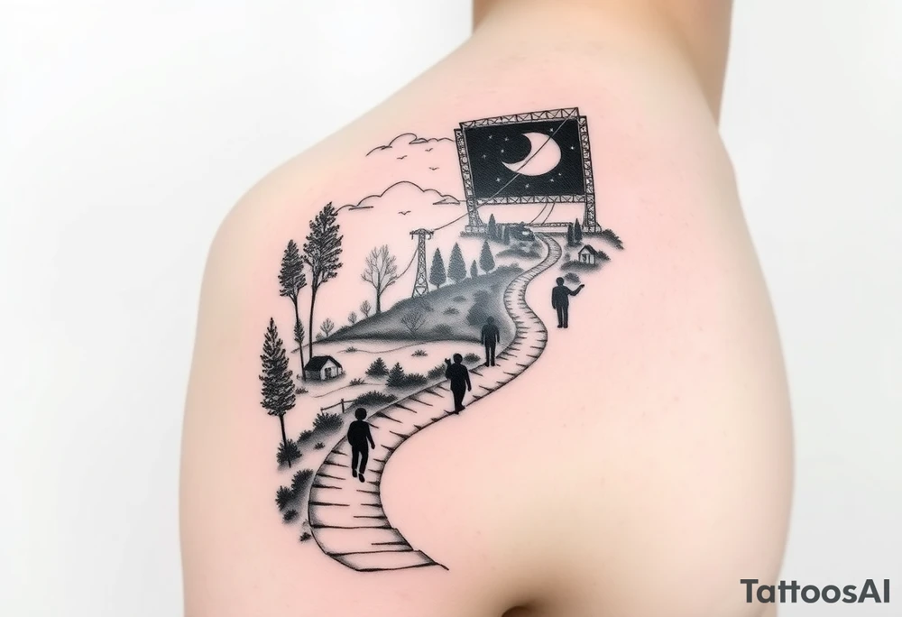 black and white tattoo (half-sleeve on shoulder): path beginning in the bottom end and winding upwards. The first third starting at the bottom is sourrounded by few trees and small houses. There is a child walking. On the second third, the path changes to a street, which leads through a city. The has grown into adolescence and is walking the street with a skateboard in one hand. A few friends are besides the person, attending a heavy metal concert which, is taking place on a stage besides the path. tattoo idea