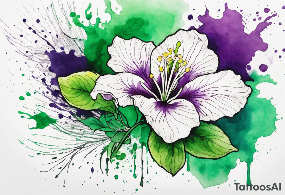 An outline of an only green rio dipladenia flower and a green and purple watercolor splash in the background tattoo idea