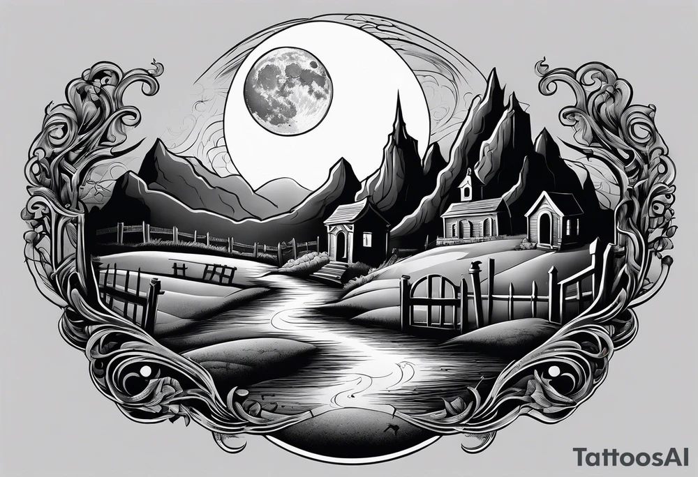 Graveyard with moon and smoke  on hills tattoo idea