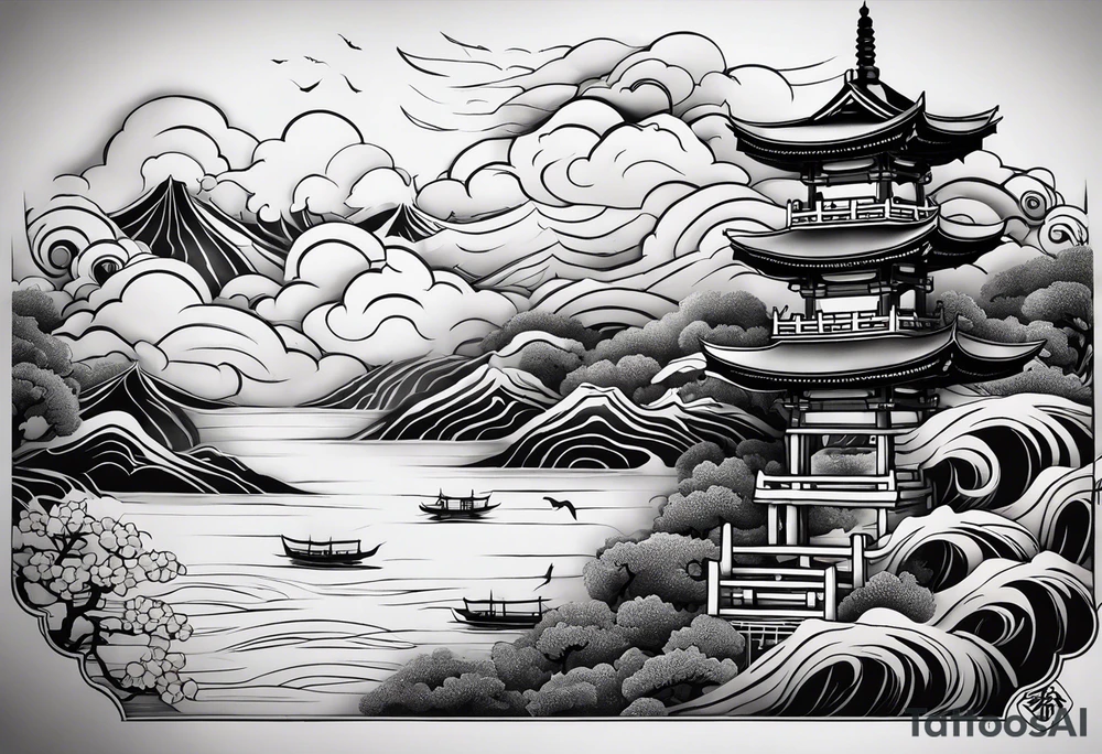 鲲，海浪，山石，银杏叶 tattoo idea