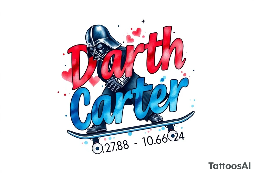 blue and red Skateboarding TALL Darth Vader
WORDS in star wars font "Darth Carter"
12/29/88-01/06/24 tattoo idea
