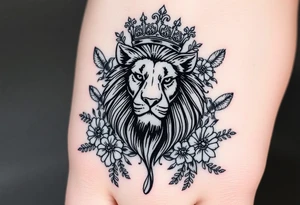 powerful majestic lion with a crown, surrounded by floral ornaments and birds tattoo idea