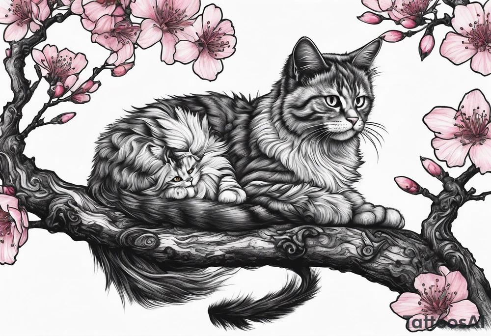elongated cherry blossom branch meeting with a dying pine tree with hidden cute demon cat tattoo idea