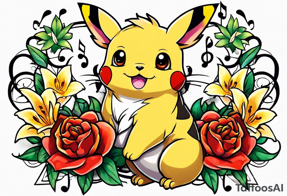Pickachu and lion with lilies hearts and music notes tattoo idea