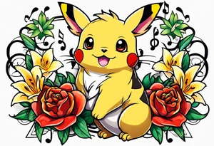 Pickachu and lion with lilies hearts and music notes tattoo idea