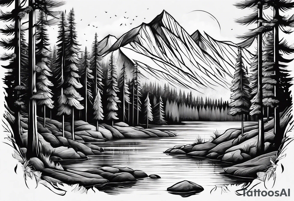 Pine forest with a river, a small tent with a campfire tattoo idea