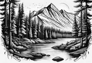 Pine forest with a river, a small tent with a campfire tattoo idea