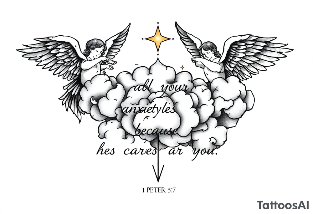 cast all your anxiety on him because he cares for you"  1 peter 5:7 with clouds and angels tattoo idea