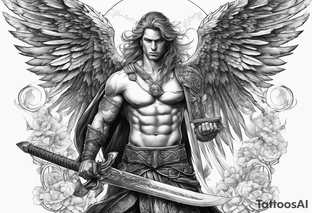 Arch angel fighting sword male full body heavenly tattoo idea