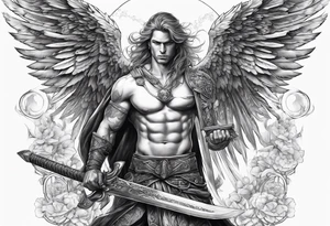 Arch angel fighting sword male full body heavenly tattoo idea
