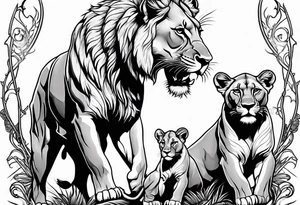Fierce lioness on her hind legs in a fighting stance  Protecting her two cubs rib tattoo design tattoo idea