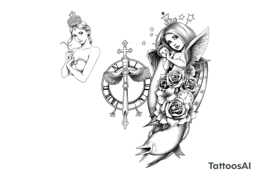 Roulette casino and princess and jesus on cross, baby angels, roses and clock and stars and fish tattoo idea