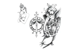 Roulette casino and princess and jesus on cross, baby angels, roses and clock and stars and fish tattoo idea