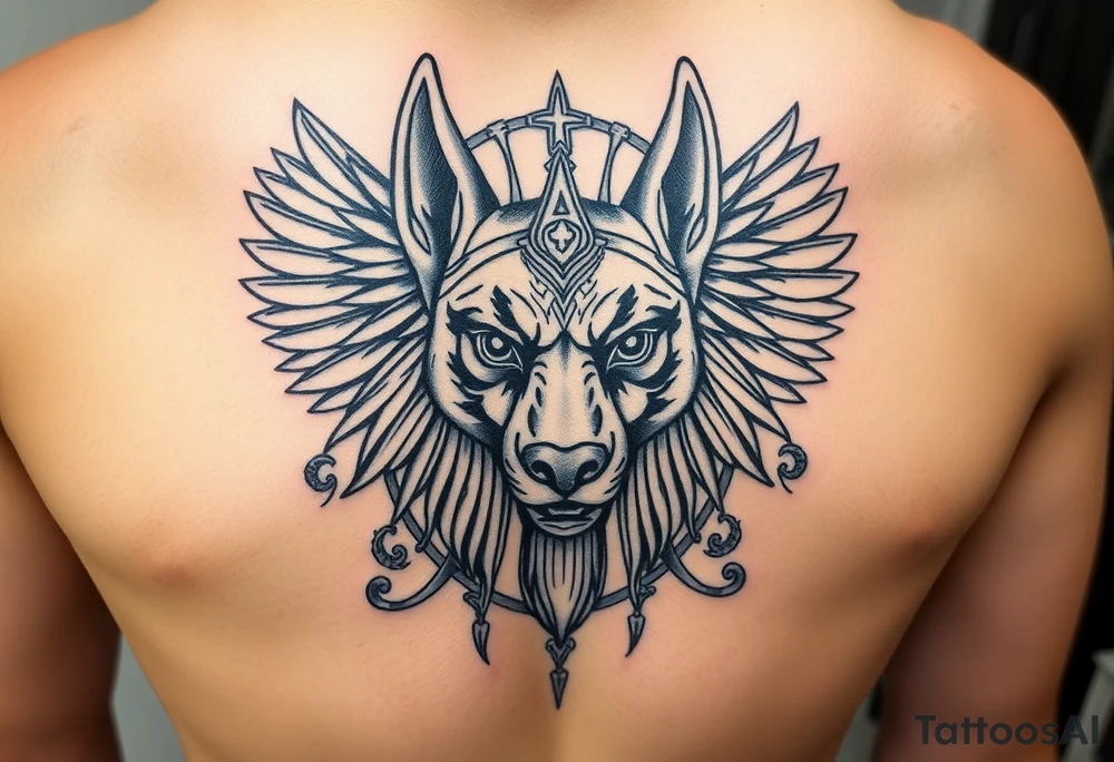 Egyptian Anubis god face muscle in Egypt style dog face surrounded Egyptian symbols and lions tattoo idea