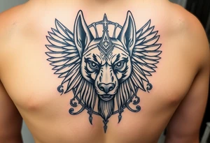 Egyptian Anubis god face muscle in Egypt style dog face surrounded Egyptian symbols and lions tattoo idea