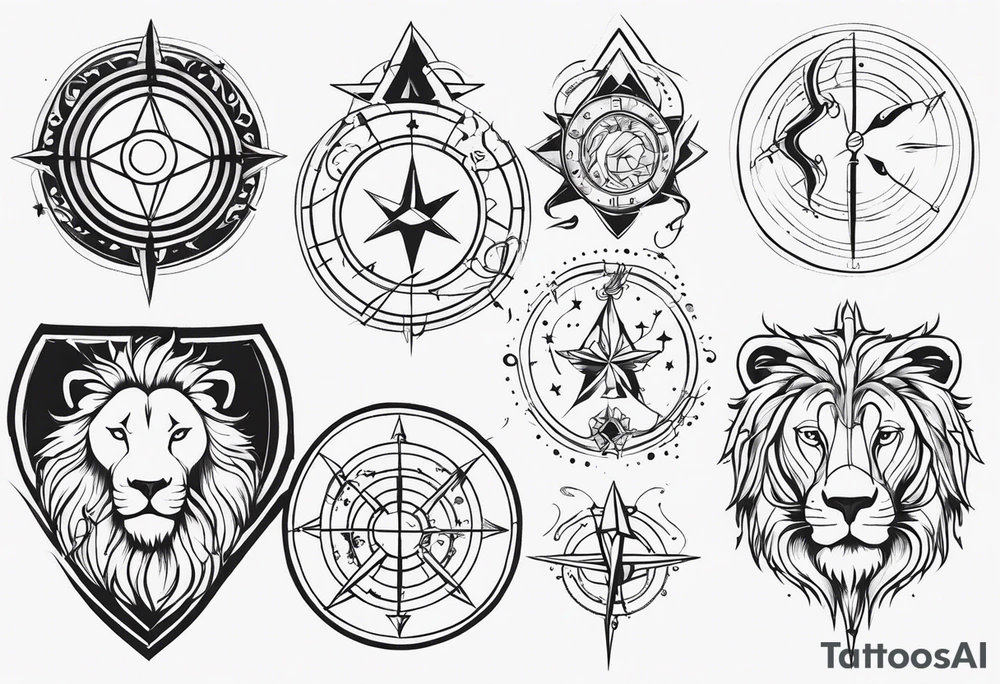 tattoo full sleeve that includes astrologic signs of  cancer, aquarius, lion and sagittarius tattoo idea