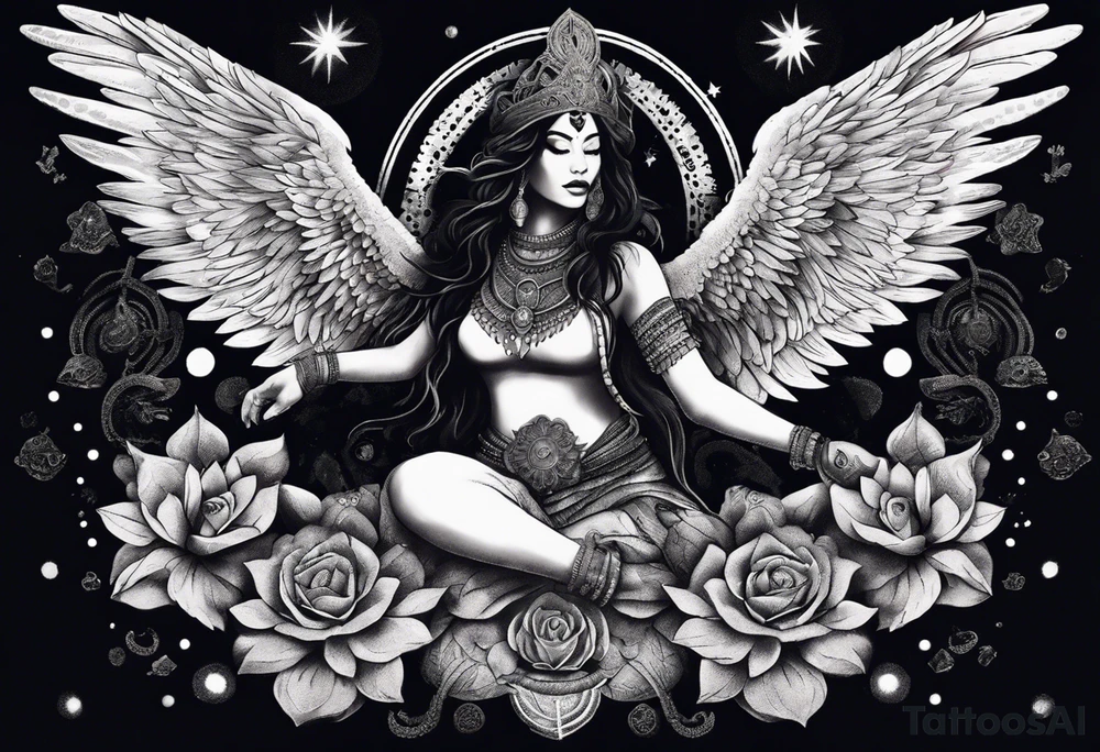 black kali, goddess pirate, alien, angel, pachamama, valkrye, warrior, flying, skull, lotus azul, wing, eagle, zenza resonance, stars, 5D, anahata chakra, death, durga, riding on a tiger, flying lady, kundalini, chest tatoo, samuri, rebel,s erpent tattoo idea